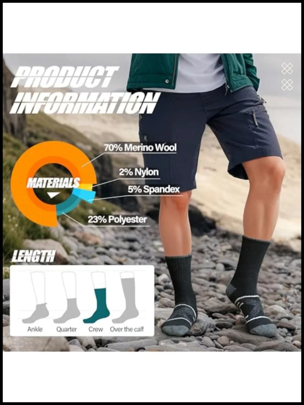 Merino Wool Crew Hiking Socks 5-Pair Men Women Moisture-Wicking Thermal